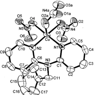 Fig. 2. A view of Cu(dpb)(NO 3 ) 2  with axial coordinations of neighboring atoms.