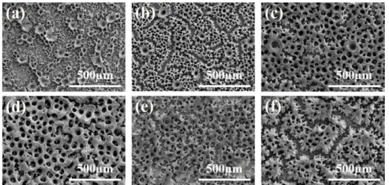 Fig. 1. Top-view SEM images of Cu-Sn alloy films deposited for 5 s as a function of Sn concentration in a solution (a) 0.05, (b) 0.10, (c) 0.15, (d) 0.20, (e) 0.25, and (f) 0.30 M.