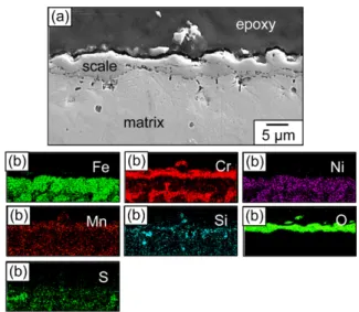 Fig. 7. Low S alloy after corrosion at 900 o C for 200 h in air. (a) SEM cross-sectional image, (b) EDS maps