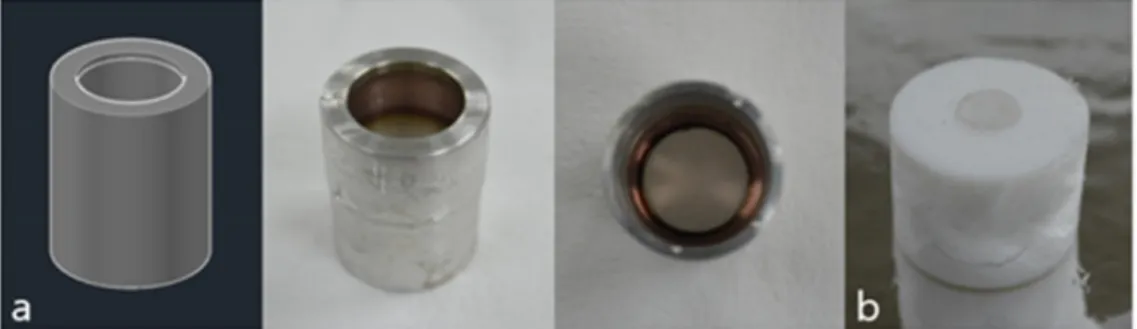 Fig. 3. Photograph of anode cover and teflon joint (a : Anode cover, b : Teflon joint).