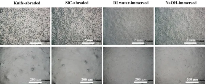 Fig. 8. Cross-sectional optical microscope images observed after curing of E-paint on AZ31 with four different pretreatments (a) knife-abraded, (b) SiC-abraded, (c) DI water-immersed and (d) NaOH-immersed, and (e) thicknesses of E-paint.
