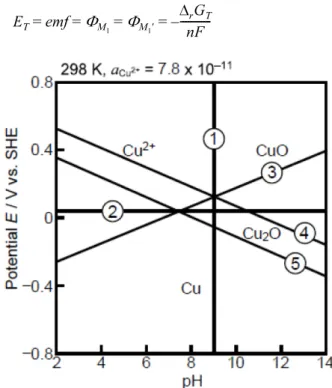Fig. 1. Activity of Cu 2+  ion when CuO and Cu 2+  ion are in equilibrium at pH 9 (line  ①) in Cu-H 2 O system