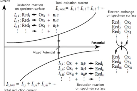 Fig. 3. i-v curve and mixed potential of specimen surface in electroless plating solution.