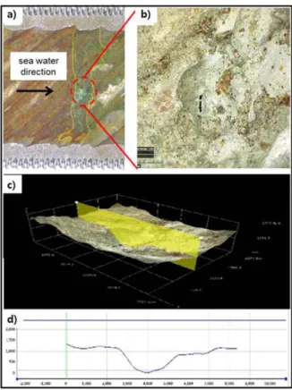 Figure 3. Band shape eroded area of fin tube; (a) Inside of fin tube, (b) enlarged pitting area and (c) 3D &amp; 2D profile along the longitudinal direction.