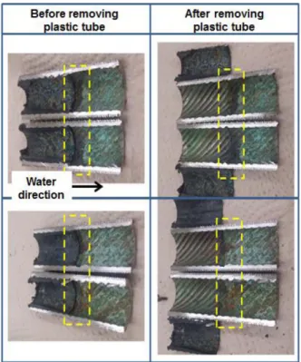 Figure 4. Cross sectional cut of another tubes; (a) as cut and (b) after removing plastic tubes.