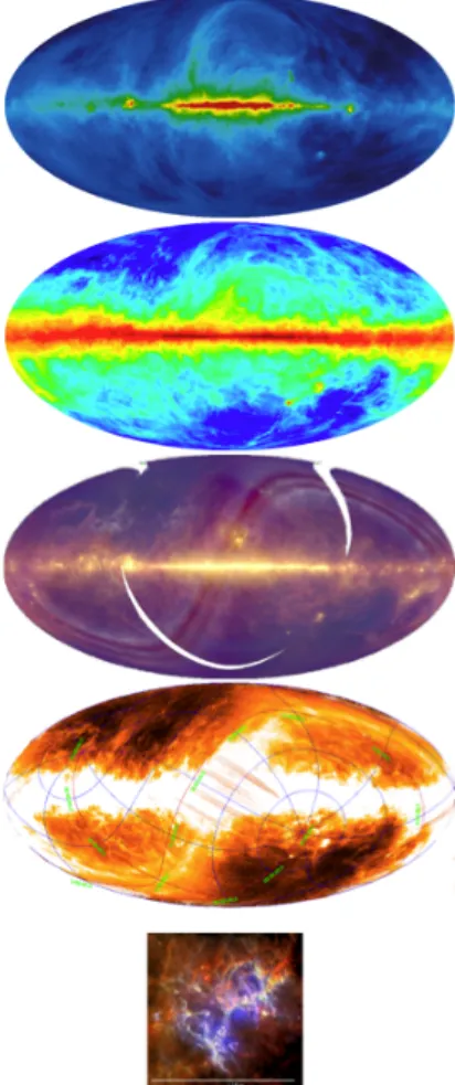 Fig. 1. All sky images, from top to bottom: 408 MHz ra- ra-dio continuum: 21 cm atomic hydrogen line: IRAS 60 µm : AKARI 90 µm all sky diffuse map: Herschel observations of the Eagle Nebula from Hill et al