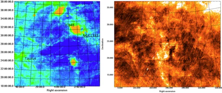 Fig. 3. AKARI All Sky Diffuse images: [left] the WIDE-S image of the Taurus and Perseus star formation regions which form part of the Gould Belt of nearby star forming regions (Ward-Thompson et al., 2007): [right] a large scale WIDE-S image of the diffuse 