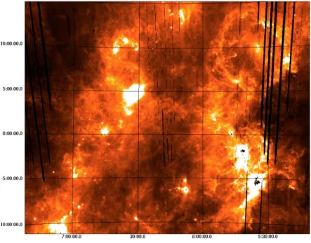 Fig. 4. Large scale AKARI All Sky Diffuse WIDE-L image of the Orion region. The dark stripes are moon avoidance regions where data are blanked to mitigate scattered moonlight