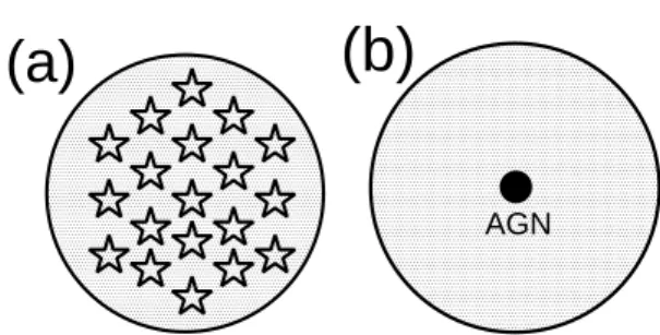 Fig. 1. Geometry of energy sources and dust. (Left):