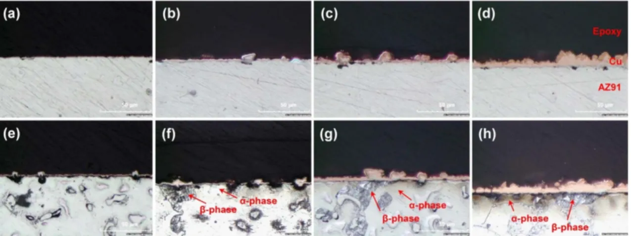 Figure 2 shows cross-sectional views of electro- electro-deposited copper on the AZ91 specimen with various deposition times