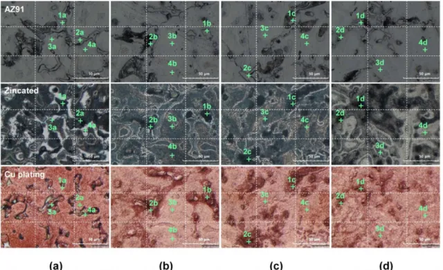 Fig. 3. Optical-microscopy images obtained at the same position of AZ91 after (a) etching by etchant solution and (b, c) copper electroplating for 10 and 30 min, respectively.
