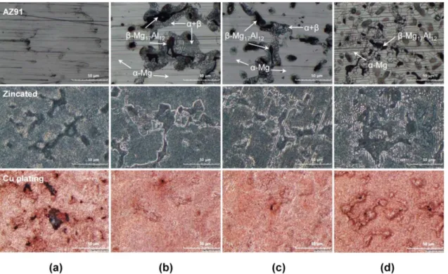Fig. 5. Optical-microscopy images of AZ91 after various activation times of (a) 0 s, (b) 30 s, (c) 60 s, (d) 120s in 0.5 M HF solution, 10 min zincating treatment and 10 min copper electroplating.