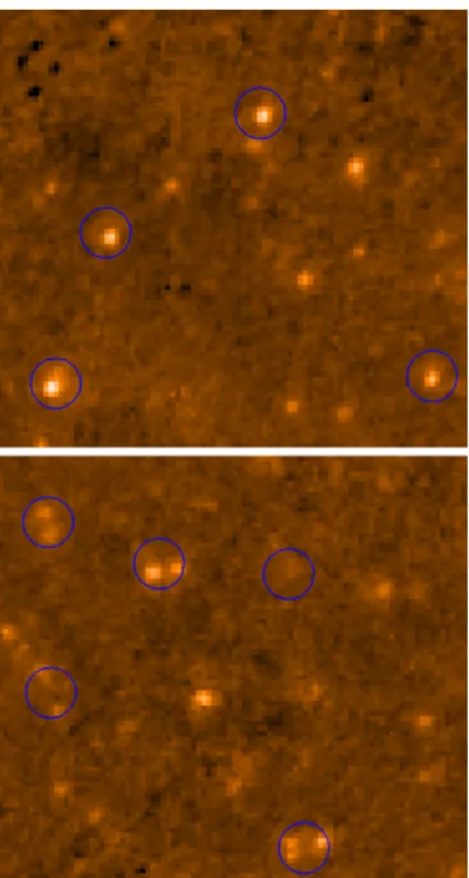 Fig. 9. Associations of AKARI sources at the SPIRE source positions. SPIRE sources are circles of size 6 00  cor-responding to the map pixel size at 250 µm
