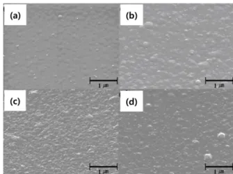 Fig. 8.  SEM micrographs of the deposited films as a function of the HMDS flow rate (a) 15 sccm, (b) 23 sccm, (c) 30 sccm, and (d) 38 sccm 24) .