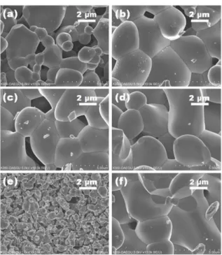 Fig. 2. SEM surface images of the Ca 0.925-1.5x MoO 4 : 0.05Dy 3+ , xEu 3+  phosphors doped with (a)  x=0, (b) 1, (c) 5, (d) 10, (e) 15, and (f) 20 mol%.