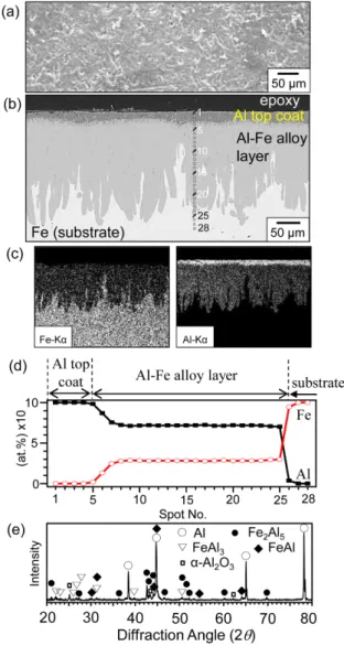 Figure 1 shows the SEM/EDS/XRD results of the hot-dip aluminized carbon steel. The SEM top view showed a smooth aluminized surface with some pores (Fig
