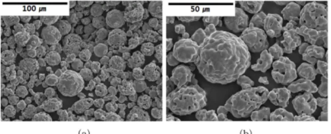 Fig. 1.  SEM micrographs of CrC-20NiCr powders; (a) x500, (b) x1000. 