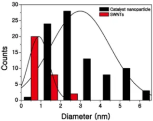 Fig. 5.  Histogram shows diameter distribution of Fe nanoparticles and SWNTs. 