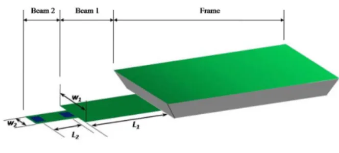 Fig. 1. Probe design parameter.  Beam area 1 is defined by  w 1  and  L 1 , and Beam area 2 is defined by  w 2  and  L 2 .