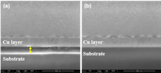 Fig. 1.  Cross-sectional images of electroless Cu depo- depo-sits obtained using EDTA-4NA and Rochelle’s salt as a complexing agents, respectively