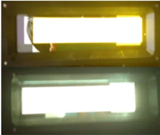 그림  8은 Device A와 Device B의  2가지  구조로 제작한  백색발광 OLED와 Device A와 Device B의 오른쪽에 MLA 필름을  부착하여  발광하는  것을  나 타낸  사진이다