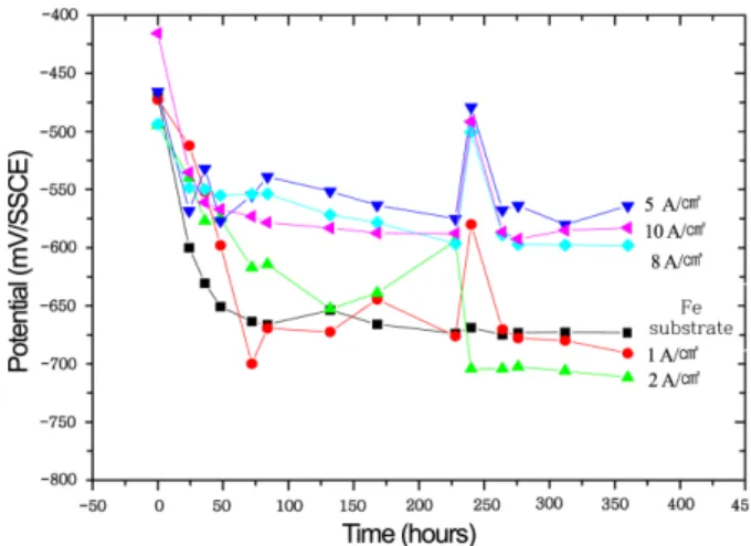Fig. 12. Natural potential behaviors of electro-deposit films formed with AZ31-Mg anode at various cathodic currents for 12 hours.