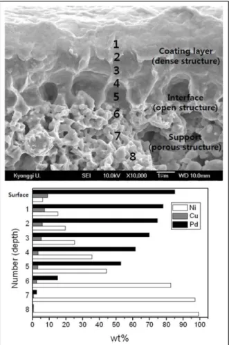 Fig. 8. Composition EDS depth profile of the cross- cross-section of the Pd-Cu-Ni ternary alloy membrane.