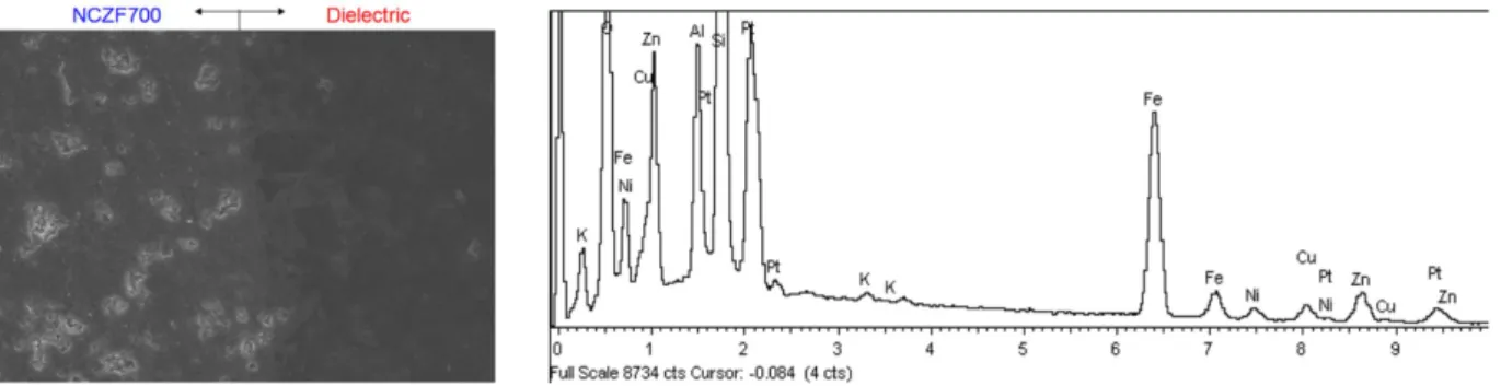 Fig. 9. FE-SEM image and EDS spectrum of NCZF700 ferrite and dielectric interface sintered at 900 o C