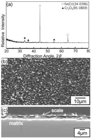 Fig. 8. Fe-20%Cr alloy after corrosion at 800 o C for 70 h in Ar-1%SO 2 . (a) XRD pattern, (b) SEM top view, (c) SEM cross-sectional image.