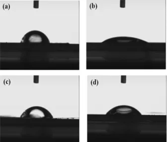 Fig. 3. The 3-D AFM images of the modified polyimide surface in various conditions: (a) untreated, RMS = 4.04 nm, (b) KOH, 15.00 nm, (c) KOH + EDA, 22.84 nm, (d) KOH + KMnO 4  treatments, 9.98 nm.