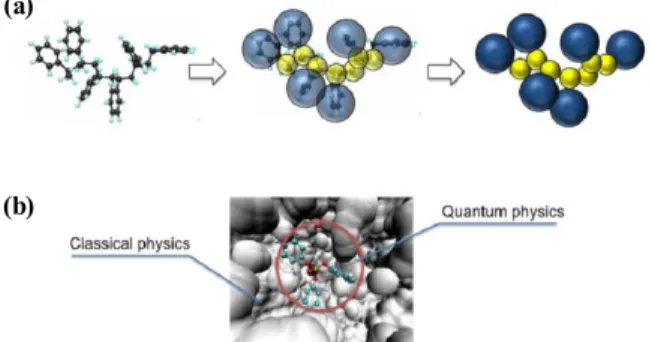 그림 5. (a) Schematic figuer for the multi -scaled coarse-grained  model, (b) Schematic figure for the QM/MM method.