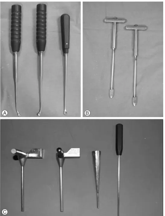 Fig. 2. The figures show the straight ring and angled curettes (A), pushers (B) and bone funnels (C)