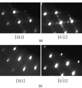 Fig. 3. RHEED patterns of GaAs layer grown on Si(100) substrate. (a) after the growth of 30 Å, (b) after the growth of 800  Å at the substrate temperature of 400 o C.