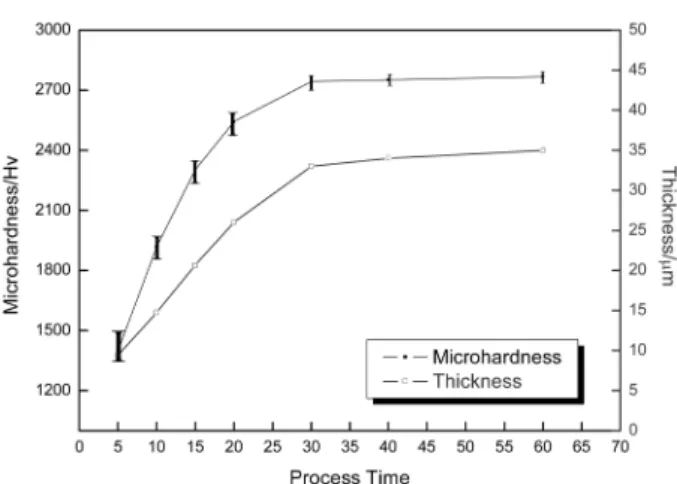 Fig. 4 reports the measurements of the outer layer microhardness and the total layer thickness as a function of the treatment time