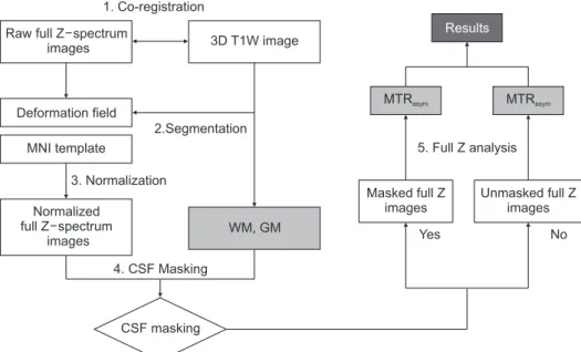 Fig. 1. Processing steps of the full Z-spectrum data to map magnetization transfer ratio asymmetry (MTR asym )