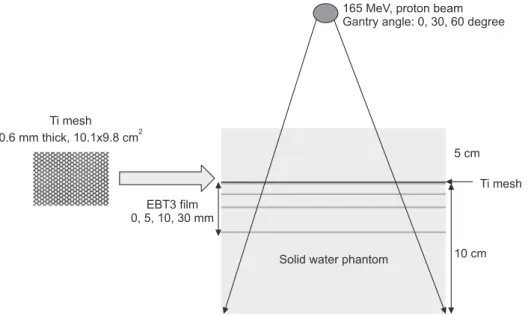 Fig. 2. (a) Phantom study on the effects of Ti-mesh on DS  proton dose in TPS; (b) lateral dose profiles depending on depth  calculated by proton convolution algorithm in TPS.