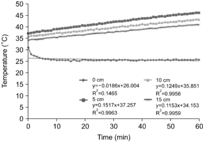 Fig.  6.  Depth  of  measurement  temperature  on  the  agar  phantom  for  60  min  at  150  W  output  power.
