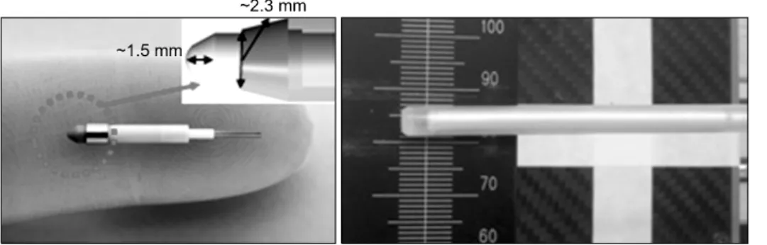 Fig.  1.  Miniature  x  ray  tube  (Xoft,  inc)  without  cooling  (left)  and  with  cooling  (right).