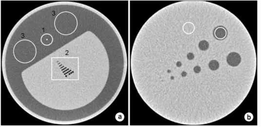 Fig.  1.  Region  of  interest  of  phantom  module.  (a)  spatial   reso-lution:  (a-1)  thin  wire  part,  (a-2)  qualitative  part,  (a-3)  water  part,  (b)  (b-1)  low-contrast  part,  (b-2)  water  part.형으로  제작되었고,  대조도,  감약계수균일도,  공간분해능, 절편두께  등  다양