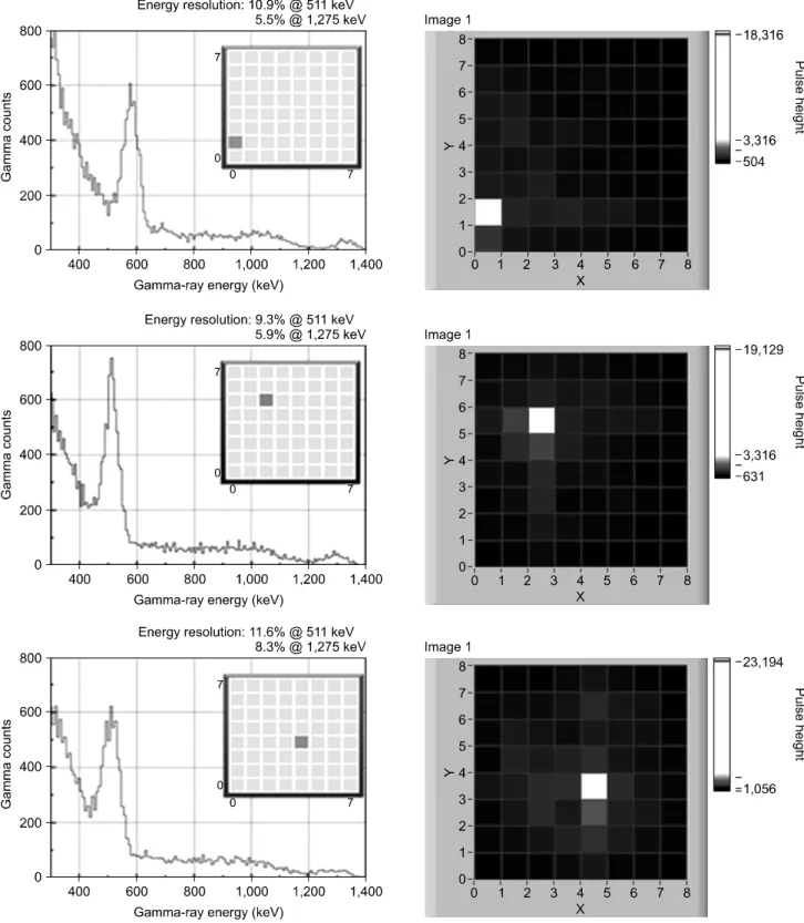 Fig.  3.  Energy  spectra  and  position  of  22 Na  gamma  source  measured  by  two-dimension  prompt-gamma  measurement  system.