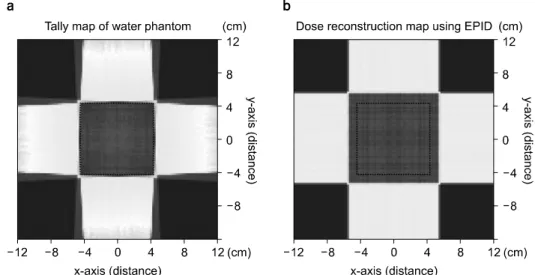 Fig.  3.  Lateral  dose  profile  from  EPID  (without  phantom;  lower  line,  with  phantom;  upper  line)  [m1]