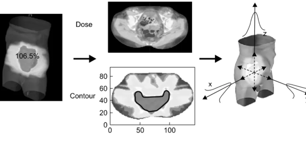 Fig.  1.  Schematic  view  of  the  simu- simu-lation  steps.  Firstly,  the  dose  and  contour  information  of  IMRT  plan  for  rectal  cancer  is  imported  for  the  simulation  program  (left  figure)