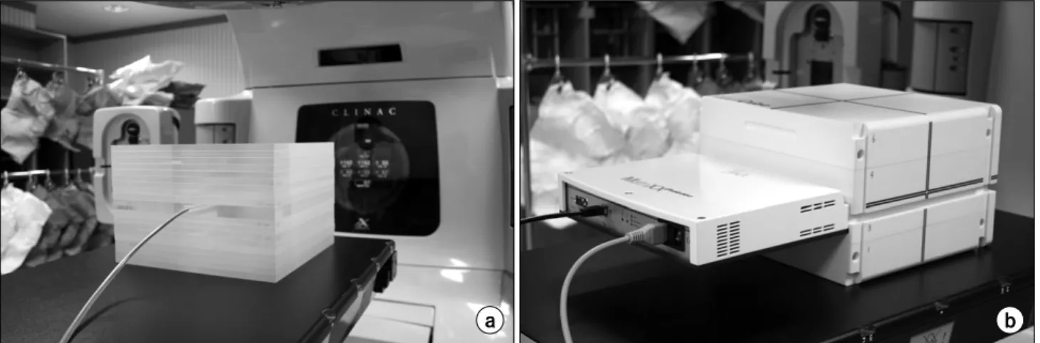 Fig.  2.  Setup  of  quality  assurance  (a)  point  dose  with  polystyrene  phantom  and  CC01  ion-chamber  and  (b)  I'm  MatriXX  with  Multicube  phantom