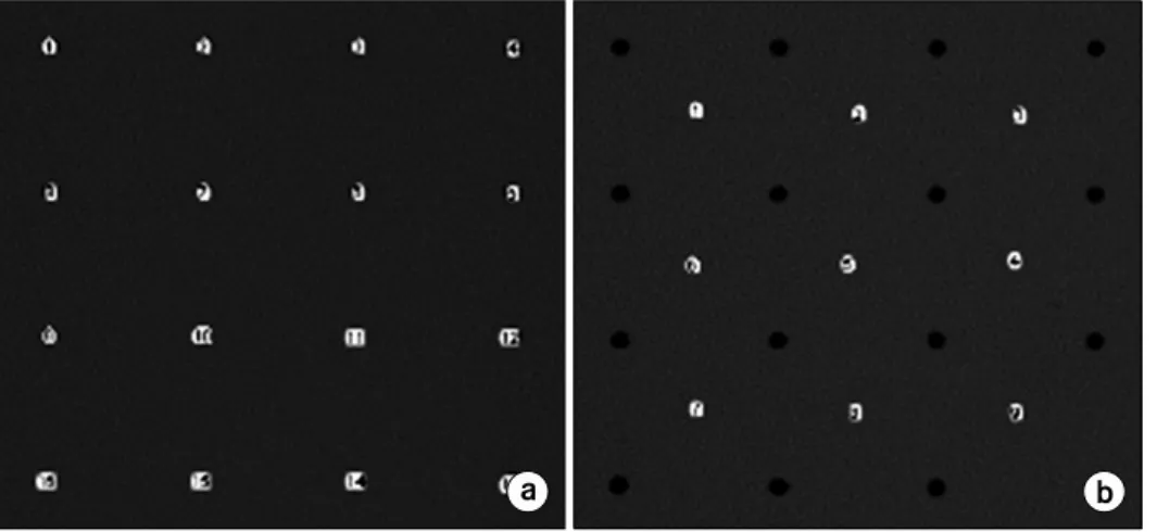 Fig.  7.  (a)  ROIs  behind  the  beam  stop  (for  the  scatter  value),  (b)  ROIs  in  between  beam  stops  (for  the  "total,"  or  "nonscatter+scatter," 