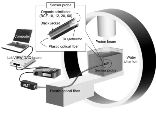 Fig.  1.  Experimental  setup  for  optimization  of  fiber-optic   dosime-ter  in  proton  therapy.