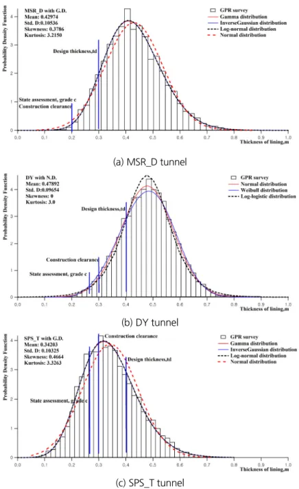 Fig. 11. Probability density function of lining thickness with test