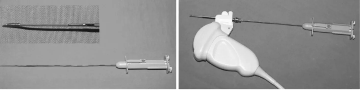 Fig. 1. A. Photograph of the 18G high-speed core needle biopsy gun. Note the side notch of the inner trocar (‘tru-cut’-type) on the magni- magni-fied photograph of the needle tip