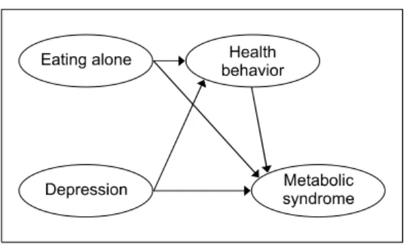 Figure 2. Study model. 형의  가설적  인과관계를  검증하고자  하였다.  또한 성별에  따른  대사위험요인으로부터  대사증후군  발생이  이르는  경로에  차이가  있을  수  있으므로  성별에 따라 규명하고자 하였다.연구방법1