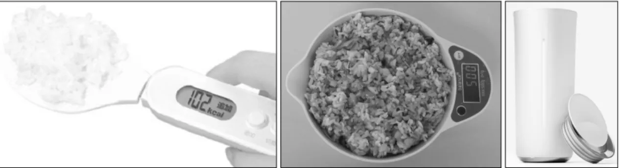 Figure 6. Digital weighing rice paddle, digital weighing bowl &amp; smart cup vessyl.음식  섭취량과  섭취  열량,  식사시간(min)과  식사속도(g/mim)에  대한 정보가 숫자로 나오고,  두 번째 화면에서는 섭취량과 식사속도가 그래프로 제시된다