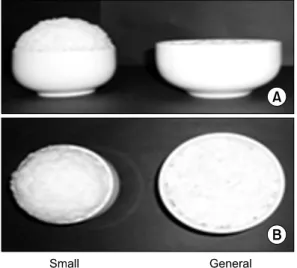 Figure  1. Pictures of 210 g of cooked white rice in general  and small bowls. (A) Side surface of rice bowls, (B)  Upper surface of rice bowls.